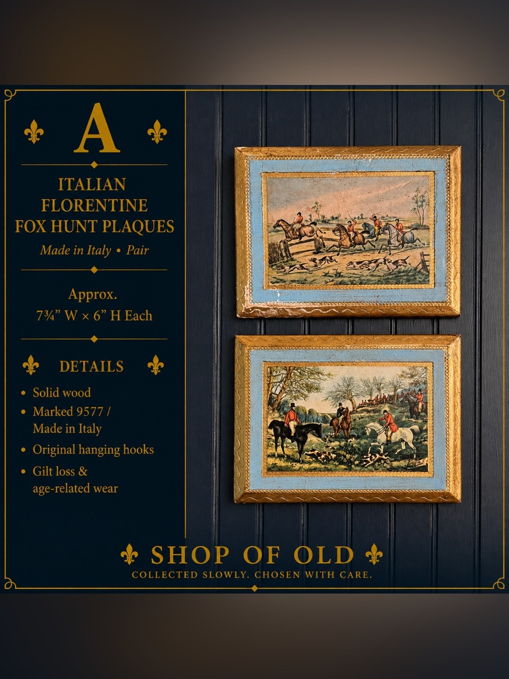 Vintage Italian Florentine Fox Hunt Plaques — Pair